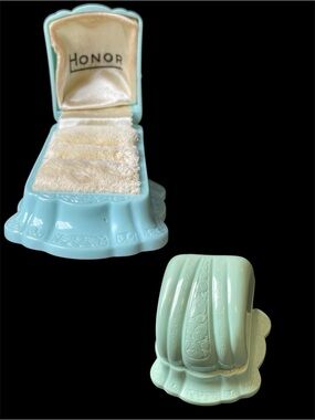 Vintage Art Deco Ring Box Celluloid Plastic Light Blue Embossed Cream Interior